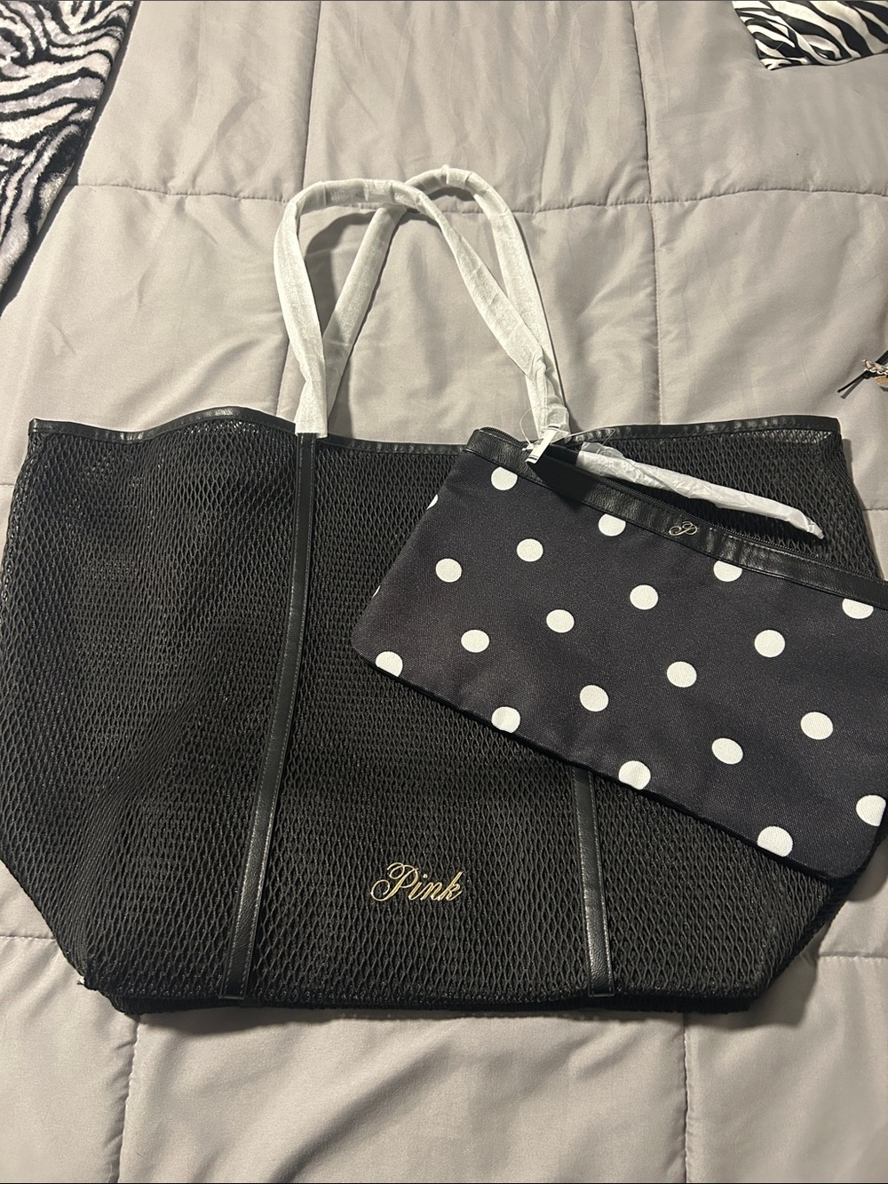 PINK Black Mesh Tote with Black and White Polka Dot Pouch